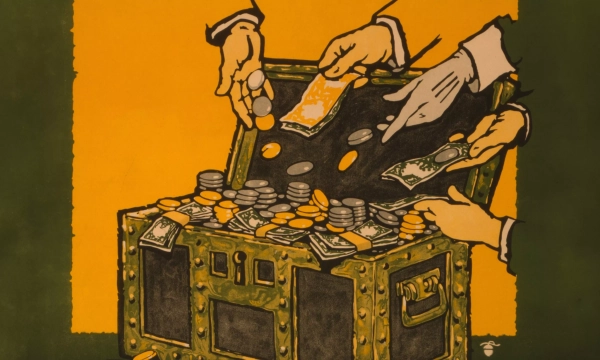 Illustration of multiple hands reaching into a treasure chest overflowing with coins and banknotes, set against a bright yellow background.