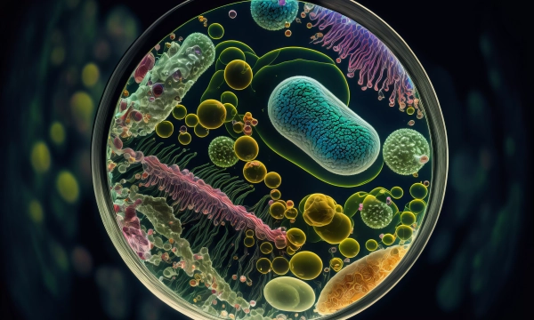 A vibrant and intricate illustration of various microorganisms and cell structures viewed through a microscope, featuring bacteria, protozoa, and cellular components in a dark background.
