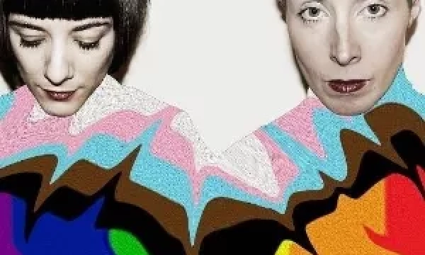 A split image featuring a person with a blunt bob hairstyle, surrounded by vibrant, abstract patterns in various colors, creating a contrasting visual effect.