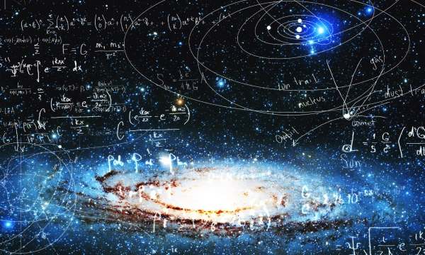 A swirling galaxy in the cosmos surrounded by complex mathematical equations and formulas, conveying themes of physics and astronomy.