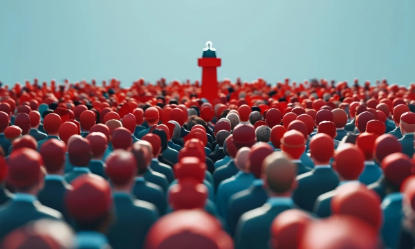 A large crowd of stylized figures in red and blue looks towards a speaker at a podium, emphasizing themes of leadership and public discourse.