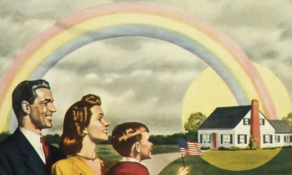 A colorful, retro illustration depicting a man, woman, and child looking at a house under a vibrant rainbow, with the child holding an American flag.