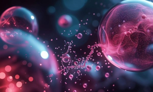Abstract image of translucent bubbles with swirling pink and blue patterns, set against a dark background filled with shimmering particles.