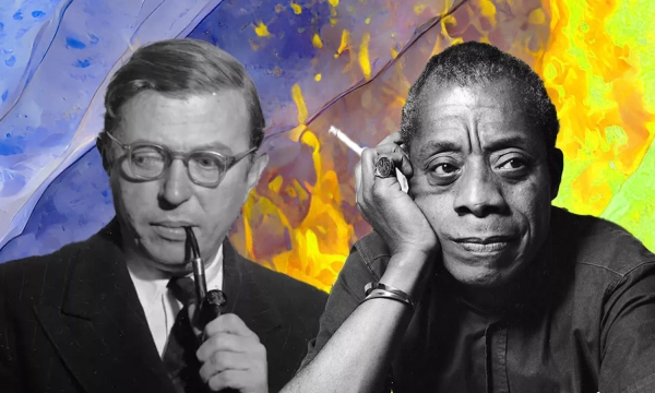 Jean-Paul Sartre and James Baldwin are depicted against an abstract colorful background, each with a contemplative expression, highlighting their philosophical and literary contributions.