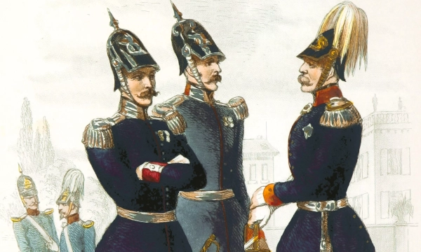 Three 19th-century soldiers in ornate uniforms, featuring plumed helmets and decorative epaulettes, converse in a military setting, with additional soldiers visible in the background.