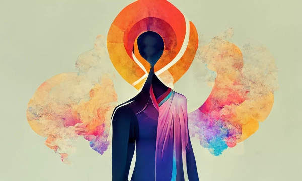 A stylized figure with a dark silhouette, surrounded by vibrant, swirling colors and abstract shapes, suggesting a contemplative or spiritual theme.