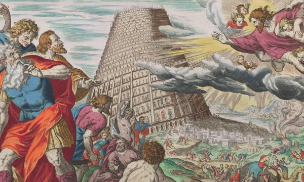 Illustration of the Tower of Babel, showcasing people in ancient attire and divine figures in the sky, as they respond to the construction of the tower.