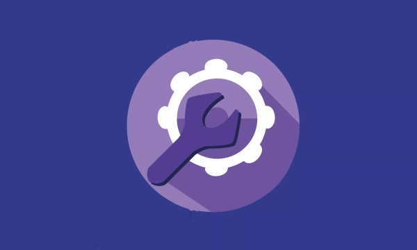 An illustration featuring a stylized hand holding a wrench inside a circular gear, set against a blue background.