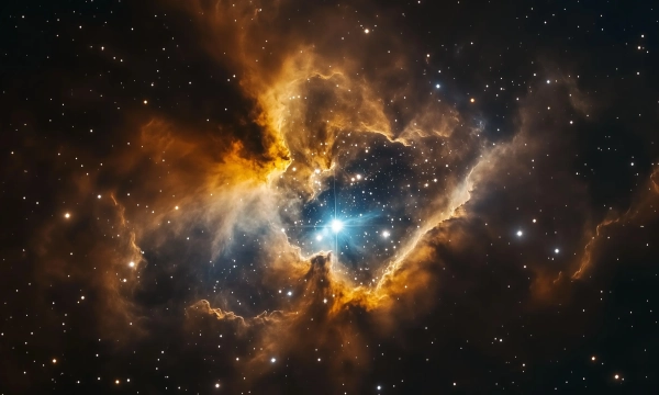 A vibrant cosmic nebula featuring swirling clouds of orange and blue, with numerous stars scattered throughout the dark expanse of space.