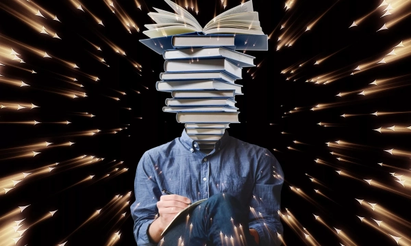A person holds a pen, their head replaced by a stack of open and closed books, surrounded by glowing arrows on a dark background.