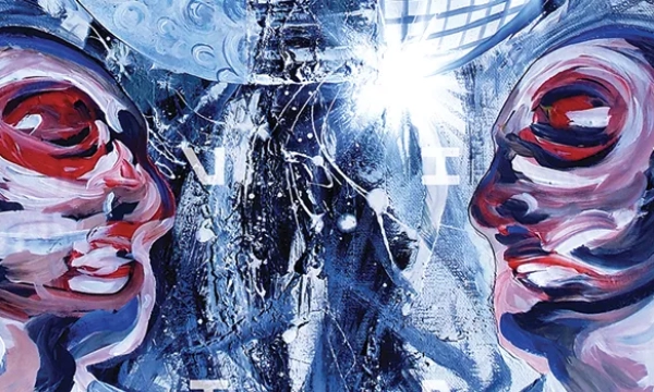 A vibrant abstract painting featuring two stylized human faces with exaggerated features, surrounded by a mix of blues and splashes of light, creating a dynamic and emotional atmosphere.