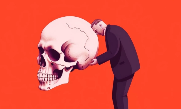 A person in a suit examines a large skull, set against a vibrant orange background, symbolizing themes of mortality and introspection.