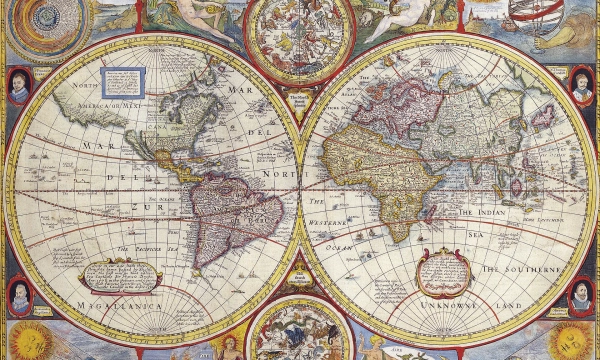An elaborate 17th-century world map featuring two hemispheres, decorated with celestial motifs, sea monsters, and illustrations of continents.