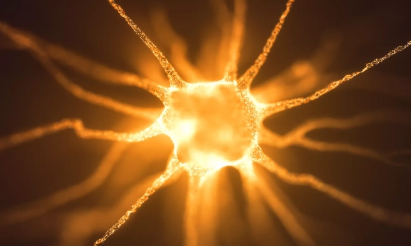 A close-up view of a neuron with glowing projections, illustrating its intricate structure and connectivity in the nervous system.