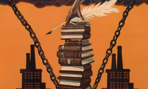 A hand holds a quill above a tall stack of books, with industrial smokestacks and chains in the background, symbolizing the power of knowledge and literature.